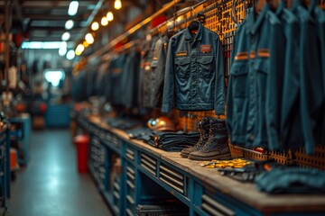The construction workwear store is hanging on hangers - obrazy, fototapety, plakaty