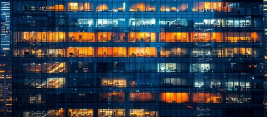 Empty office building windows at night, deserted cityscape