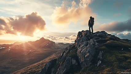 Man with backpack standing on top of mountain and looking at sunset.