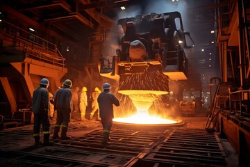 A Massive Electric Arc Furnace at Work in an Industrial Setting, with Workers in Protective Gear Overseeing the Process Against a Backdrop of Heavy Machinery