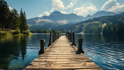 Wooden pier on the lake with mountains in the background. Panorama