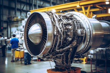 A Detailed View of an Engine Nacelle, Highlighting its Intricate Design and the Industrial Background with Various Machinery Parts - obrazy, fototapety, plakaty