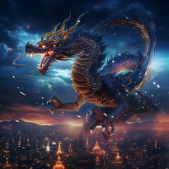 Dragon flying in sky over night city