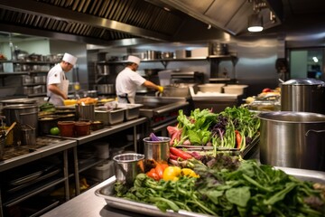 A bustling industrial galley kitchen with stainless steel appliances, chefs preparing meals, and a background of stacked fresh ingredients