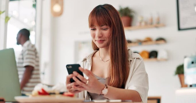 Cafe, phone and happy woman typing for remote work, social media or reading email notification. Smartphone, smile and person in restaurant, freelancer or scroll on mobile app for communication online