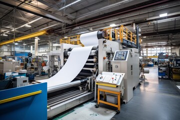 An industrial paper cutter in action, slicing through stacks of paper against a backdrop of a busy factory floor filled with machinery and workers - obrazy, fototapety, plakaty