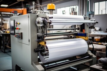 A close-up view of a large industrial laminating machine in operation, with rolls of laminate material and the factory background visible