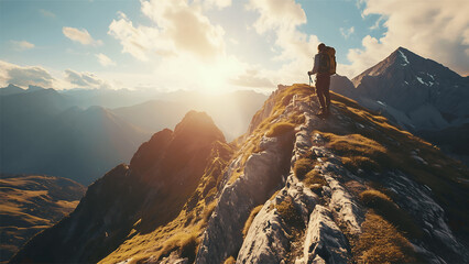 Hiker on the top of the mountain at sunset. 3d rendering