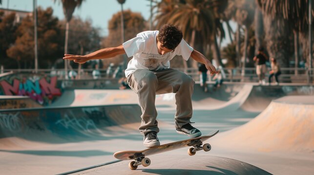 Male skateboarder doing a trick in a skate park