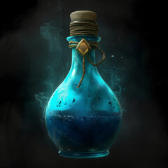 Blue magical potion flask with mystical elements. Magic elixir bottle by Generative AI - obrazy, fototapety, plakaty