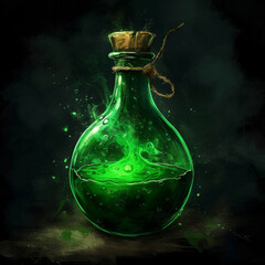 Green magical restoration potion flask with mystical elements. Magic elixir bottle by Generative AI