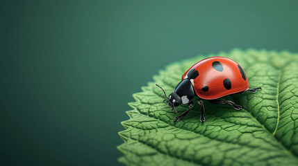 Close-up illustration of a beautiful ladybug on a green leaf with detailed textures in a blurred background