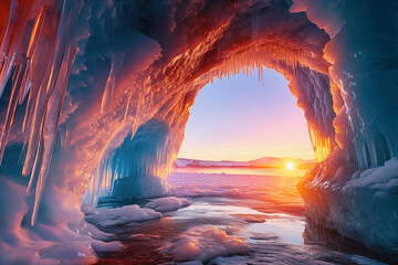 Icicles in cave on lake at sunset - obrazy, fototapety, plakaty