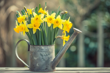 Cheerful yellow daffodils arranged in a watering can, epitomizing the essence of April blooms