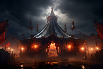 A circus tent shines with illuminations bright lights at night,  Circus magic,  Facade cirque, Festive attraction, Carnival allure,  festive and welcoming attraction, Cheerful display, Happy gathering