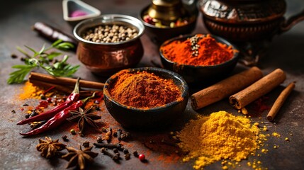 Rack with traditional indian spices for cooking - cardamom, turmeric, cumin, coriander seeds, cinnamon and chili