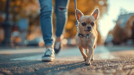 Fototapeten a person walks a dog on a leash. a dog buzzes around the city, a pedestrian crossing. sunny day, summer © sergiokat