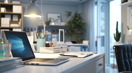 Modern doctor office with laptop, table lamp, stationery and decor on white table over blurred background. doctor's office, examination room. 3d render, 3d illustration 