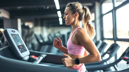 woman exercising on a treadmill - obrazy, fototapety, plakaty