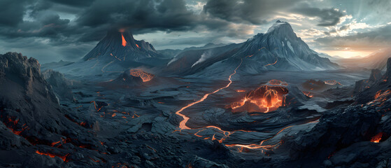 Wide Volcanic Landscape Scene - obrazy, fototapety, plakaty