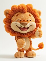 A cute Lion with anthropomorphic design, emoticons, 6 emoticons, various expressions, thumbs up, happy, angry, winking, staring, silly, 3D plush style, white background - generative ai