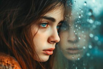Portrait of a beautiful young sad and depressed girl with blank stare, looking out of the window with raindrops on the glass window on a rainy day