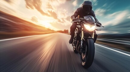 Motorcycle. Professional motorbike rider, riding with high speed on the way road. Way. Concept of motosport, speed, hobby, journey, activity. Sport