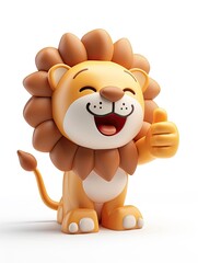 A cute Lion with anthropomorphic design, emoticons, 6 emoticons, various expressions, thumbs up, happy, angry, winking, staring, silly, 3D plush style, white background - generative ai