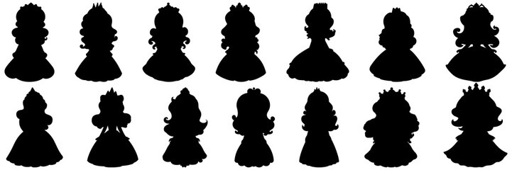 Princess girl silhouettes set, large pack of vector silhouette design, isolated white background.