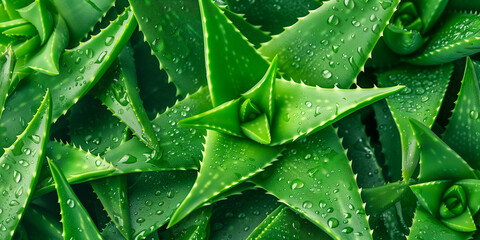 Close-up of fresh Aloe Vera plant leaves with water droplets. Suitable for banner or background.