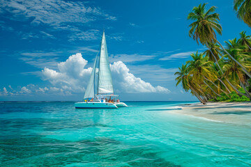 group of people sailing a catamaran in the Indian Ocean. The water is a beautiful shade of blue, and there are palm trees on the shore - obrazy, fototapety, plakaty