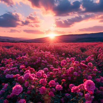 Stunning landscape with Roses field at sunset . pink Roses field