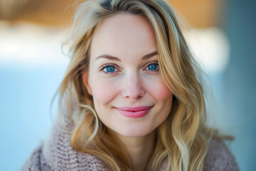 Fototapeta premium Portrait of smiling very attractive Swedish woman with blonde hair and blue eyes