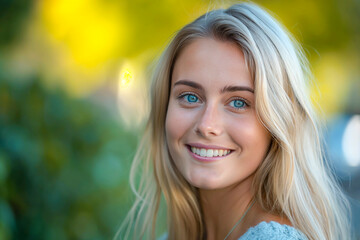 Naklejka premium Portrait of smiling very attractive Swedish woman with blonde hair and blue eyes