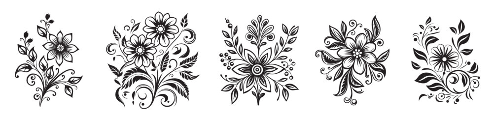 Set of black and white flower, shape of floral ornament vector graphics