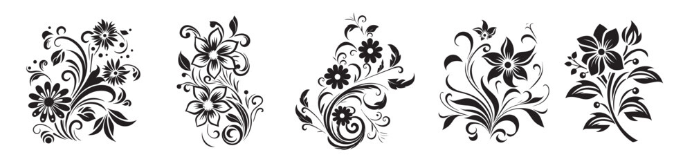 Set of black and white flower vector siluette ornaments,  black and white gand drawing floral vector set