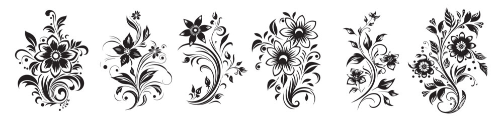 black and white vector set of flower shilouette ornaments, nature plants vector floral frames - obrazy, fototapety, plakaty