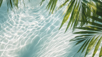 photo top view of water surface with tropical leaf shadow. Shadow of palm leaves on white sand...