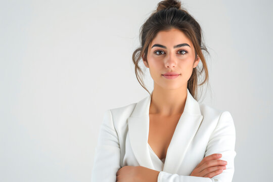 Photo of a confident businesswoman in a white suit shirt with her arms folded. On a white background, a studio photography for ads