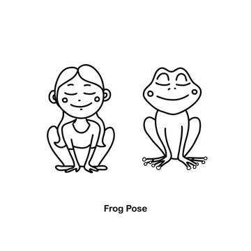 Kids yoga frog pose. Vector doodle illustration.