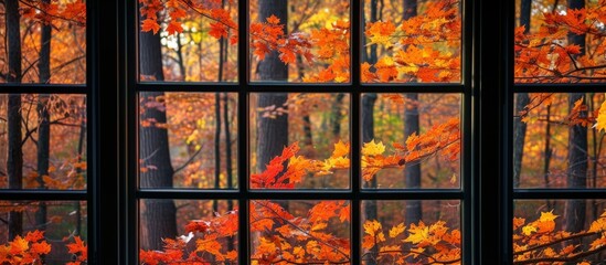 Autumn leaves in forest seen through window panes, vibrant and huesome.