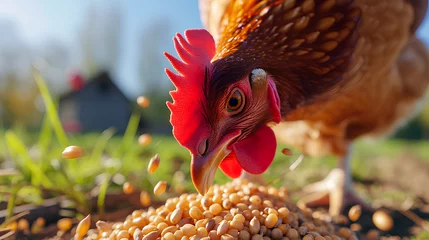  Chicken eats feed and grain at eco chicken farm, free range chicken farm © HM Design