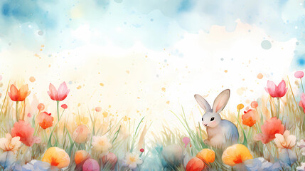 watercolor cute little easter bunny with flowers and eggs for holiday gift card