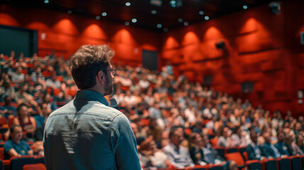 A speaker giving a lecture to an audience in an auditorium, or hall