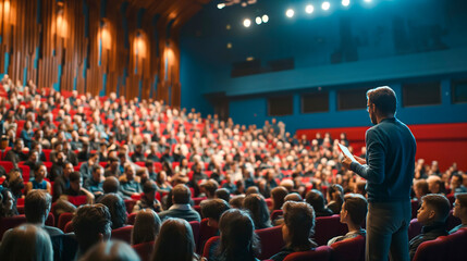 A speaker giving a lecture to an audience in an auditorium, or hall - obrazy, fototapety, plakaty