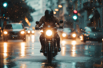 man riding a motorcycle through a city during a rainstorm. The streets are slick with rain, and there are other vehicles on the road