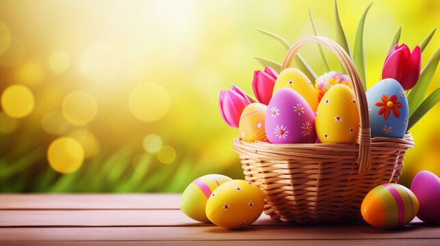 wooden basket with colorful drawn easter eggs and spring tulips