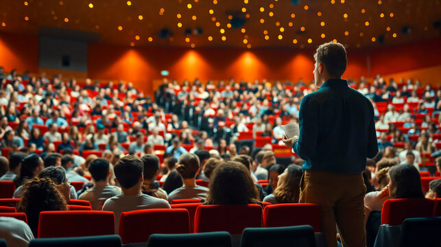 A speaker giving a lecture to an audience in an auditorium, or hall