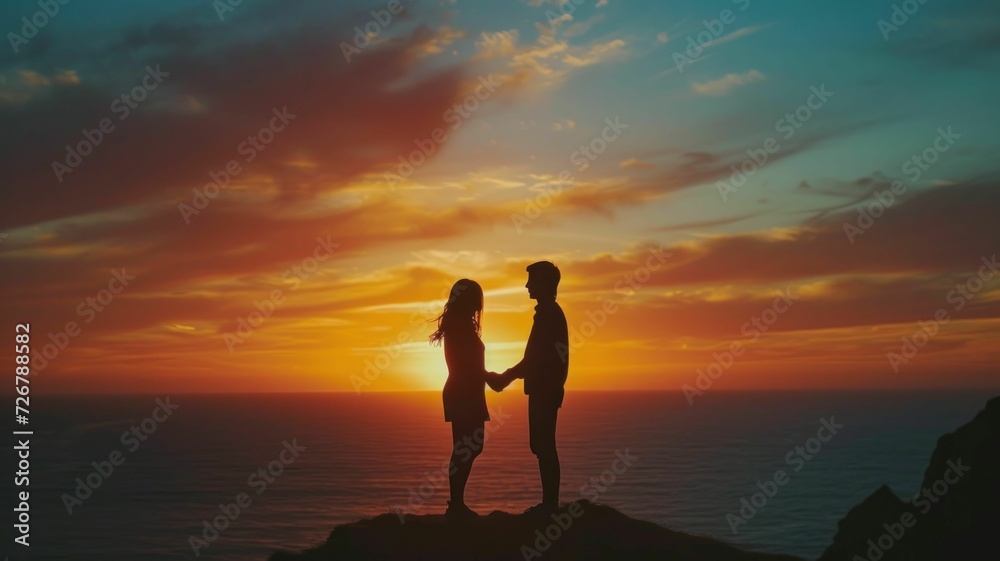 Poster silhouette of a couple holding hands, set against the backdrop of a colorful sunset over the ocean