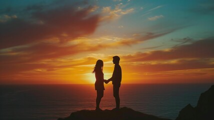 silhouette of a couple holding hands, set against the backdrop of a colorful sunset over the ocean